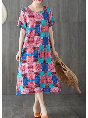 Modern blue prints cotton linen clothes For Women short sleeve wild long summer Dresses