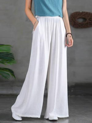 Women Casual Solid Color Side Drawstring Loose Wide Leg Pants With Pockets