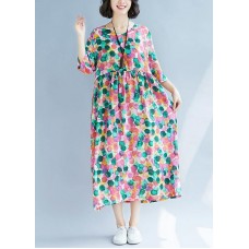 Loose rose dotted prints cotton linen Wardrobes short sleeve Kaftan summer Dress