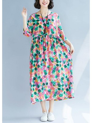 Loose rose dotted prints cotton linen Wardrobes short sleeve Kaftan summer Dress