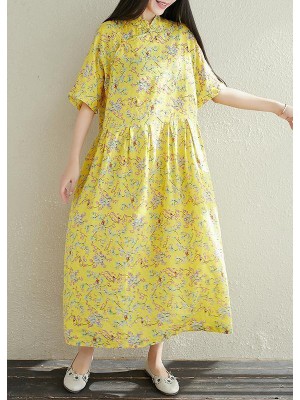 Women yellow prints cotton clothes For Women stand collar A Line summer Dresses