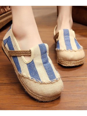 Blue Striped Cotton Fabric Flats Splicing Flat Shoes For Women