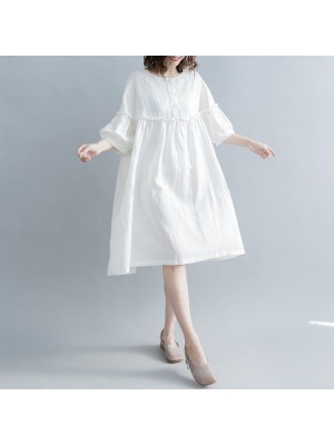 fashion white cotton linen knee dress plus size clothing cotton linen clothing dresses New lantern sleeve Cinched o neck baggy dresses