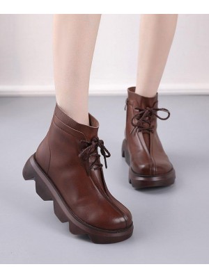 Brown Boots Platform Cowhide Leather Unique Platform Boots