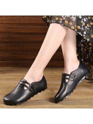 Black Cowhide Leather Flat Shoes Buckle Strap Flats