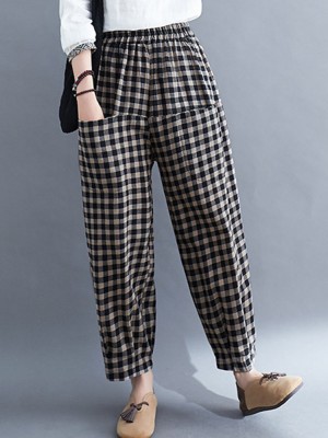 Women Vintage Plaid Wide  legged Elastic High Waist Side Pocket Ankle Length Harem Pants