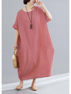 DIY red striped cotton tunics for women Plus Size Tutorials o neck A Line Summer Dresses