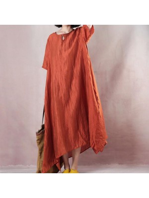 vintage orange linen maxi dress plus size clothing o neck tie waist linen maxi dress fine short sleeve gown