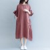 boutique burgundy cotton linen dress oversized O neck drawstring traveling clothing Fine Petal Sleeve baggy dresses