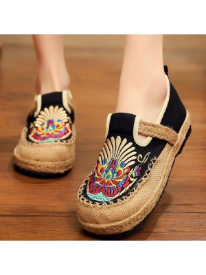 Women  Flats Black Embroideried Cotton Fabric Flats Shoes