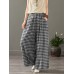 Women Plaid Print Elastic Waist Vintage Casual Loose Wide Leg Pants With Pockets