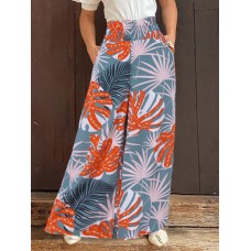 Woman Elastic Waist Floral Preppy Style 100  Polyester Loose Pants