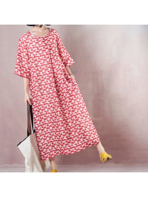 fine red linen dresses oversized o neck print linen gown vintage half sleeve baggy dresses