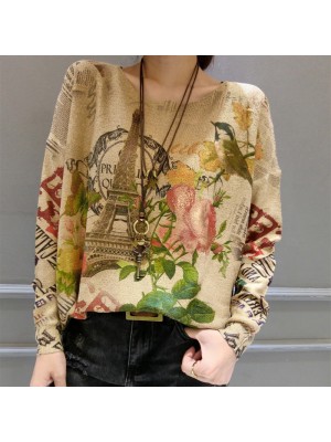 autumn plus size fashion bird prints sweater tops casual o neck women knit pullover