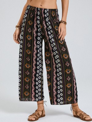 Bohemia Ethnic Print Elastic High Waist Wide Leg Lounge Pants For Women