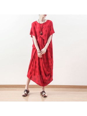 boutique red dotted natural linen dress oversized draping traveling clothing casual o neck maxi dresses