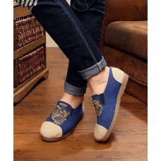 Women Navy Embroideried Splicing Flat Shoes Cotton Linen Fabric